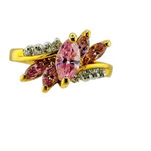 Gold Vermeil Sterling Silver Pink Clear Cubic Zirconia Ring Size 10 Signed EDCO